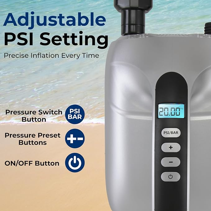 Paddle Board Pump Electric - Portable 20 PSI Dual-Stage Air Compressor for Super Fast Inflation and Deflation, Auto-Off, LCD Display and 12V Car Connector - for SUP, Boats & Inflatables