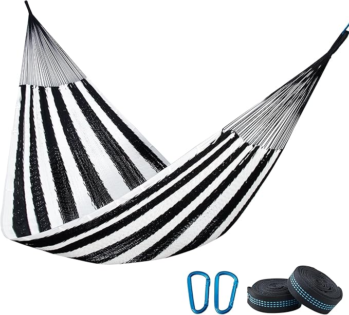 PNAEUT Handwoven Mayan Hammock, Thick Soft Rope Double Hammock for Outdoor Outside & Indoor, 600 lbs Capacity Heavy-Duty, Includes Tree Straps, Carabiners & Carrying Bag (Black and White, X-Large)