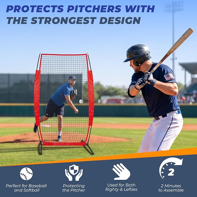 7x4FT Baseball Pitching Screen, Quick Setup Pitching Net for Pitchers Protection, Portable Baseball I Screen for Fields Batting Cages with Carry Bag
