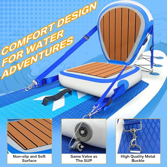 Inflatable Kayak Seat with Back Support, Universal Sturdy Paddle Board Seats for Sit on Top, Adjustable Blow Up Seat with Inflate Nozzle for Kayaking Canoeing Rafting
