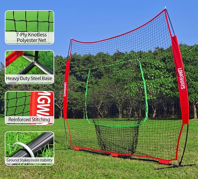 7x7ft/8x8ft Baseball Softball Net with Steel Frame for Batting, Hitting, Pitching, Portable Baseball Batting Net with Carry Bag, Great for All Levels