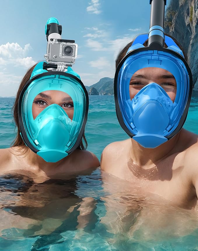 Full Face Snorkel Mask for Adults, 180° Panoramic Anti-Fog Snorkeling Gear with Dry Top System & Camera Mount, Foldable Anti-Leak Design for Travel, Swimming & Ocean Snorkeling
