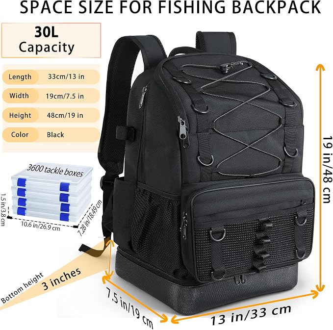 Fishing Backpack with 4 Tackle Boxes, Heavy Duty Fishing Bag with Waterproof Bottom, Tackle Backpack Gifts for Man Woman-Pure Black