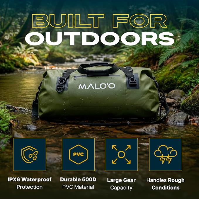 Malo’o Waterproof Dry Duffel, Heavy-Duty Roll Top Waterproof Gear Bag with Shoulder Strap & Molle Loops, Marine Duffel for Kayaking, Boating, Camping, Beach & Travel, Dark Green, 60L