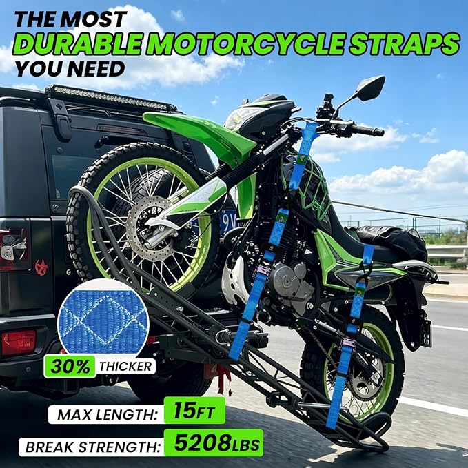 Ratchet Straps Heavy Duty 4 Pack -1.5 Inch x 15 Feet (5,208LB Break Strength)- Motorcycle Tie Down Straps -1.5xThickened Wear-Resistant Ratchet Tie Down Set for Powersports, Motorcycle or Moving Cargo