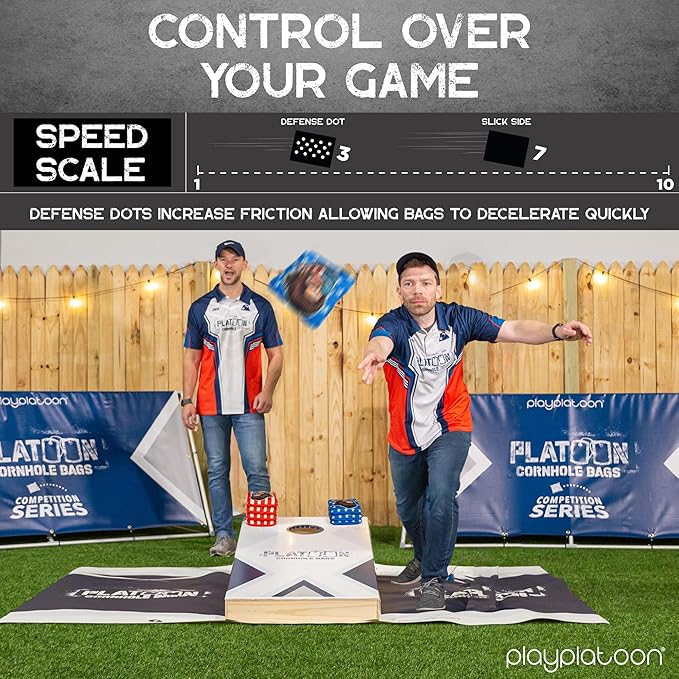 Play Platoon Competition Series Cornhole Bags Set of 8 Regulation Professional Weight Double Sided Slick and Stick with Rubber Sticky Dot Slow Side for Pro Corn Hole Bean Bag Toss Game-Designed in USA