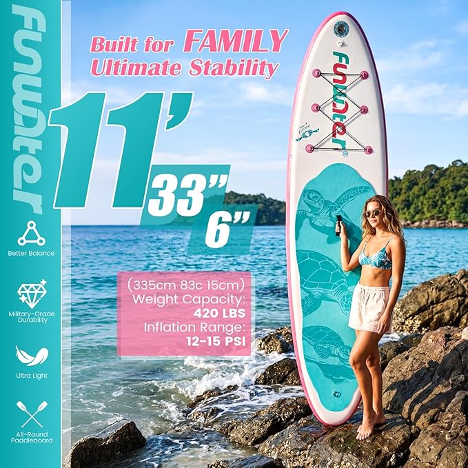 FunWater Inflatable Stand Up Paddle Board 10'6"/11"/11'6" Paddle Board for Adults & Youth, Paddleboards Inflatable with Premium SUP Accessories, Wide Stable, Non-Slip Comfort Deck (White & Light Blue)