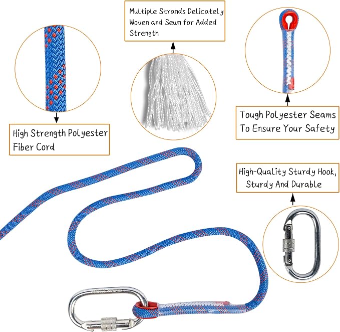 Indoor Outdoor Climbing Rope, 10/12/14mm (32FT/49FT/65FT/98FT) Static Rock Climbing Rope for Escape Rope, Ice Climbing Equipment, Fire Safety Rescue Rope, with Non Slip Gloves
