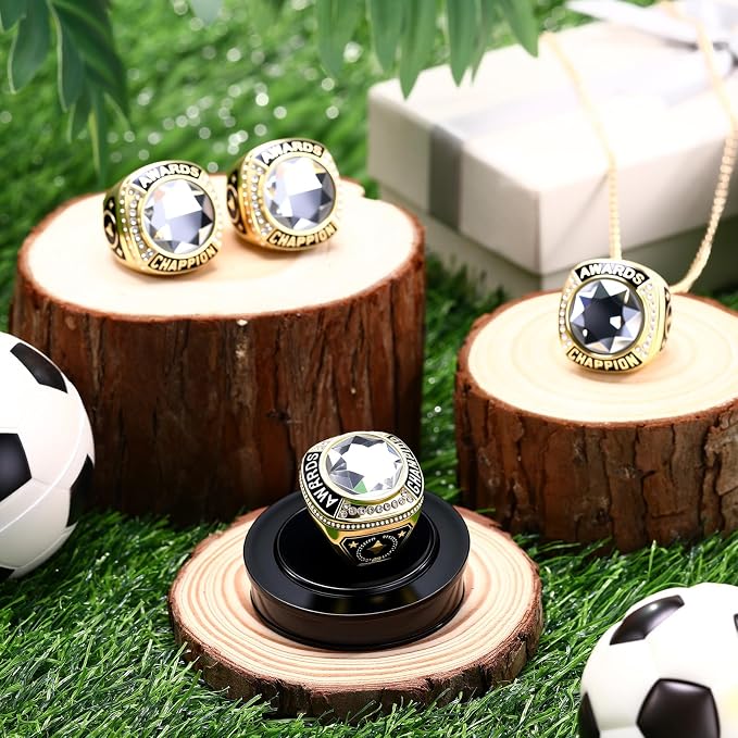 Landical 10 Pcs Championship Trophy Rings Bulk MVP Winner Youth Award Gift with Neck Chains and Display Stand for Basketball Baseball Football Volleyball Softball