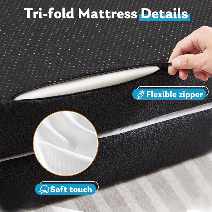 Tri-Fold Single Memory Foam Pads, 3 inch Folding Topper with Washable Cover, Portable Non-Slip Guest Floor Bed for Camping Travel – Ideal for Overnight Guests, RV, and Outdoor Adventures