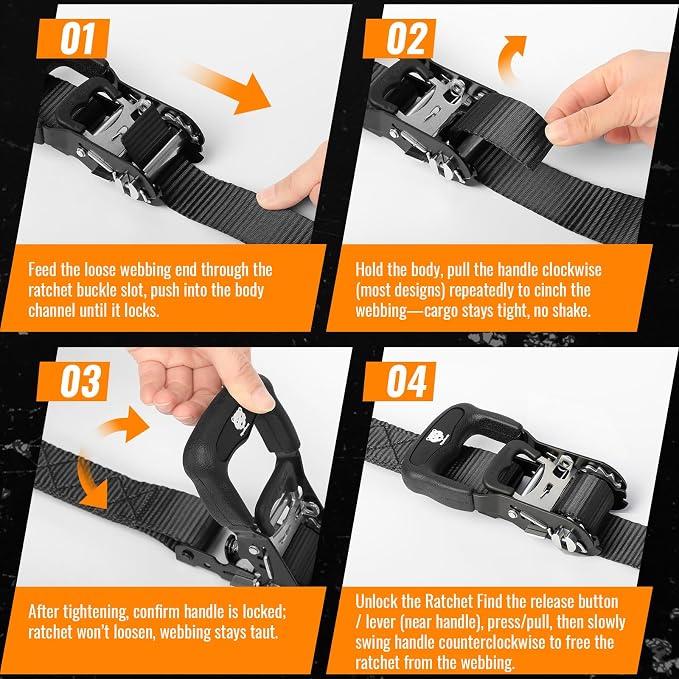 4 Pack Ratchet Straps,Heavy Duty Powersports Tie Downs Load Straps,5208lbs Break Strength 1.5in x 15ft with Safety S Hooks and Soft Loops for Motorcycle Truck Cargo Roof Rack,Break Strength, Black