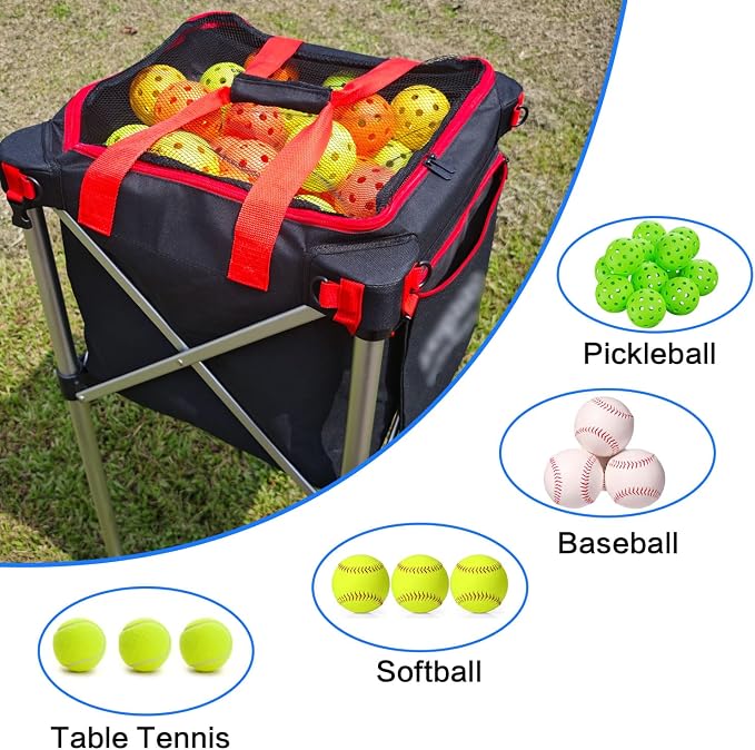 Pickleball Tennis Hopper–Foldable Cart Holds 180 Tennis/160 Pickleballs | Large Capacity |Lightweight with Wheels | Removable Bag| Side Pocket | Multi-Sport Use