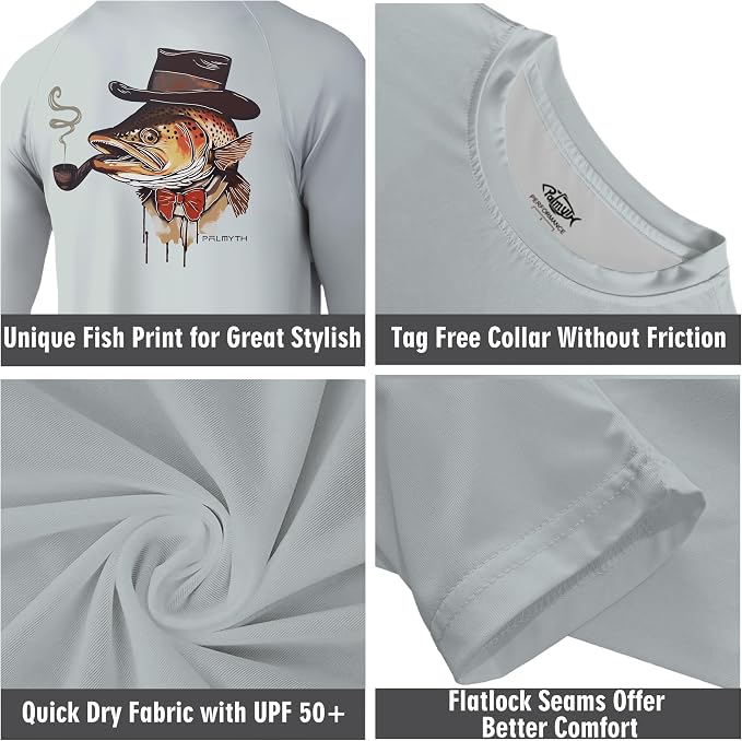 Palmyth Fishing Shirts for Men Long Sleeve UPF 50+ T Shirt Sun Protection | Quick Dry, Sun Protection, Myth-Cool Fabric, Fish Print, Moisture Wicking, Stretchy, Breathable, Fishing,Boating,Outdoor Wear