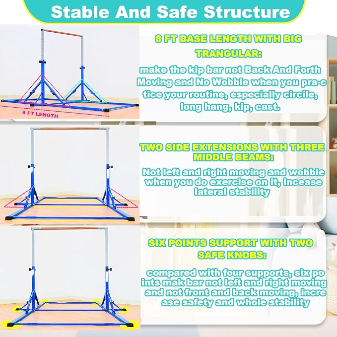 Marfula Gymnastic Bar For Kid and Teenage of 3-25, 5Ft/8 FT Base Length 4Ft Width 5Ft Adjust Height, Gymnastic Kip Bar For Gymnast, Gymnastic Training Equipment For Professional Training Home Club Use