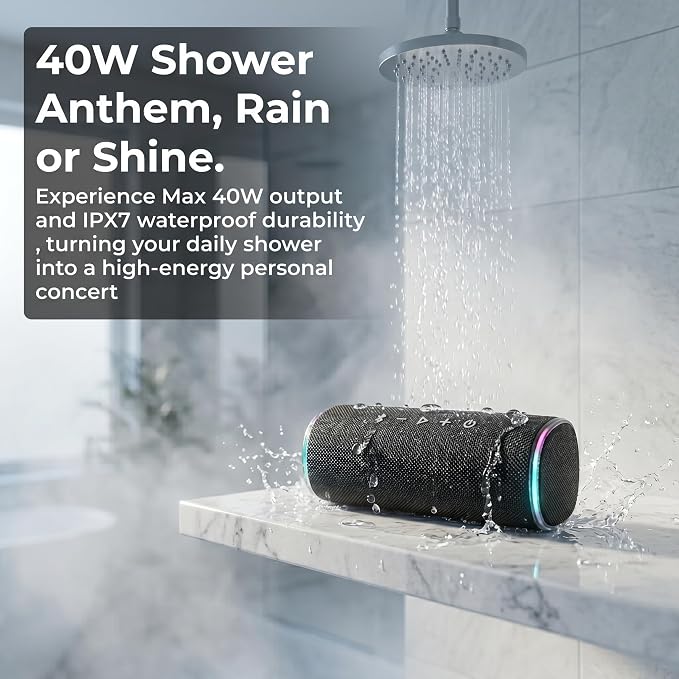 Bass Boosted Bluetooth Bike Speaker, IPX7 Waterproof | 30W RMS (40W Peak) Portable Wireless Outdoor Audio, 25H Playtime, LED Lights, TWS Pairing for Pool, Shower, Gifts (Black)