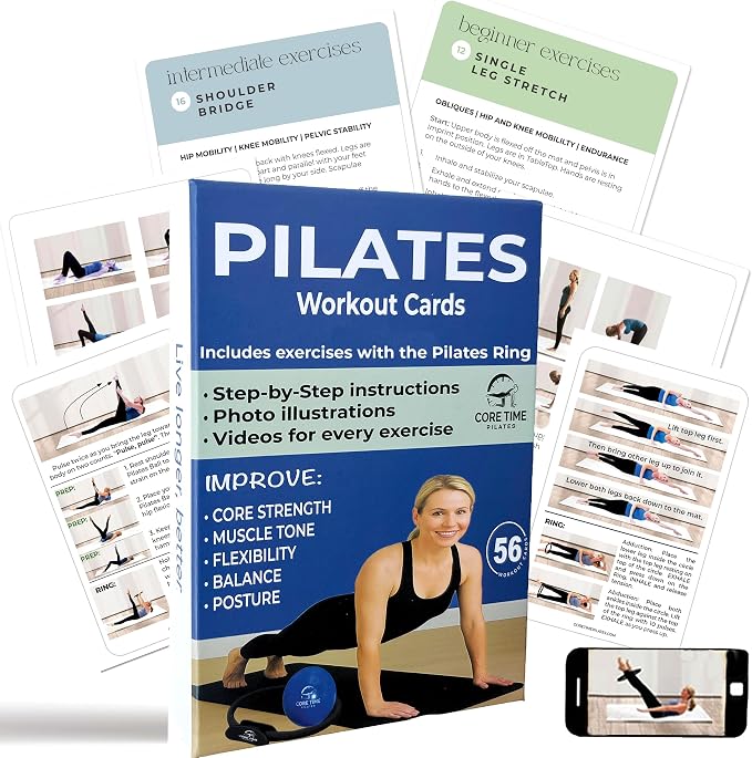 56 Pilates Cards- Use with Magic Circle - 40 Exercises Pilates Workout Cards with the Ring and Ball - Detailed Photos and Video Instructions - Equipment Optional. (56 Pilates Cards with Equipment)