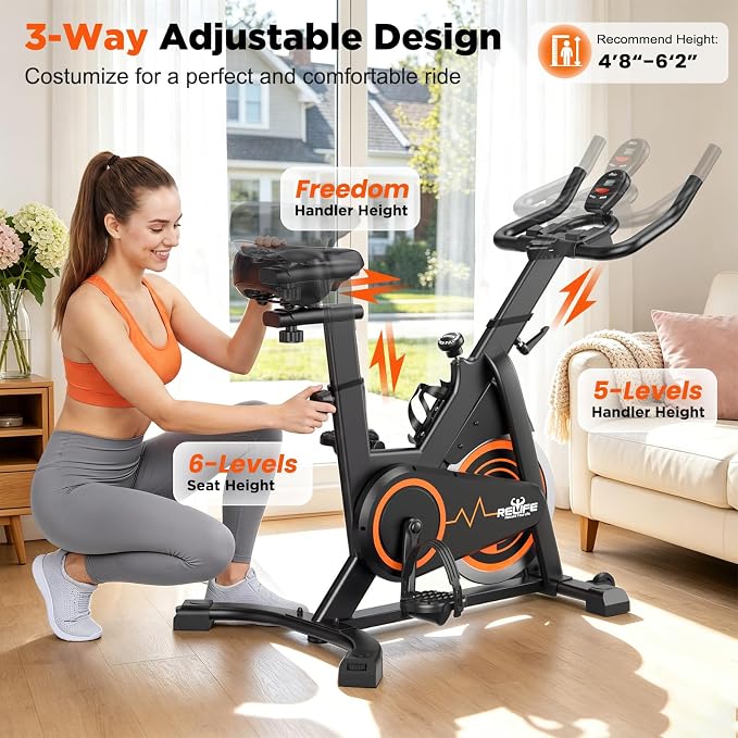 RELIFE REBUILD YOUR LIFE Exercise Bike Stationary for Home Indoor,Cycling Bike with Silent Belt Drive for Home Cardio,Brake Pad Resistance with djustable & Comfort Seat/PAD Holder/LCD Monitor.