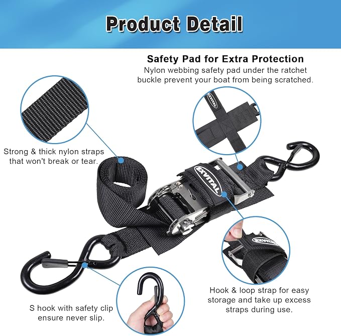 Boat tie Down Straps to Trailer 1.5"×4' transom Straps with Stainless Steel Ratchet Heavy Duty Adjustable Ratchet Straps for Boat Trailer 4400lbs Break Strength,Black 2 Pack