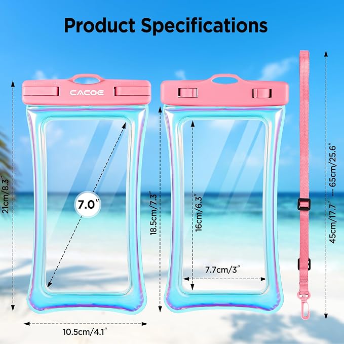CACOE Universal Waterproof Phone Case 2 Pcs-Up to 7.0",Phone Pouch with Adjustable Neck Lanyard,IPX8 Cellphone Dry Bags for Beach Pool Swimming (Iridescence, Up to 7.0"-Floatable)