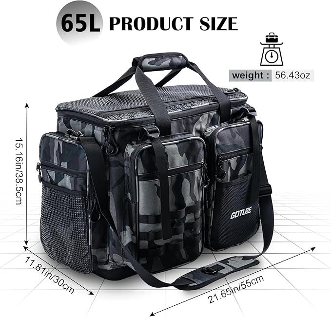 Goture Large Tackle Bag,Store Up to 8PCS 3700 Plus 4PCS 3600 Tackle Trays(Not Included),Water Resistant Saltwater Gear Storage Big Fishing Bag with EVA Bottom,Gifts for Men(21.65"x11.8"x15.16")-Camo