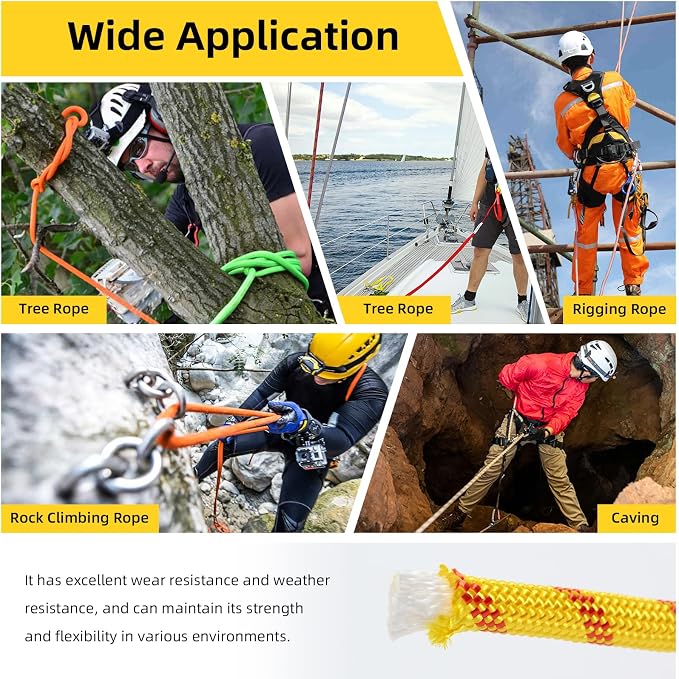Arborist Rope, 1/2 Inch x 200 Feet Double Braided Climbing Rope Polyester for Outdoor, Climbing, Hiking, Swing, Tree Work, Halyard, Sailing etc(Yellow)