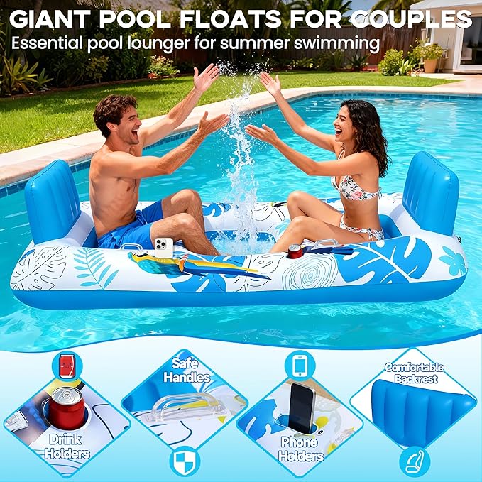 FluSing 2 Person Inflatable Pool Float Adult,87” x 44” Extra Large Inflatable Tanning Pool Lounger Float with Cup & Phone Holders,Pool Float Chair Heavy Duty,Sunbathing Pool Lounger Raft Pool Floaties