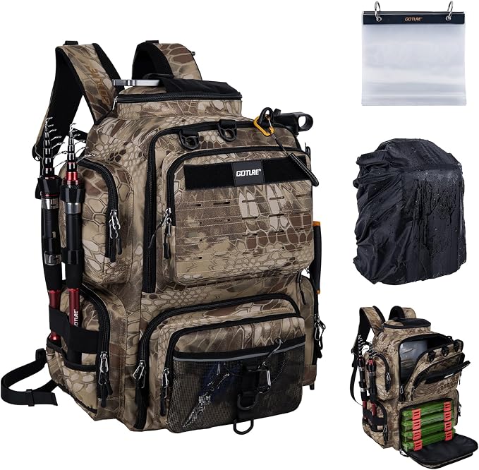 Goture Fishing Backpack,900D Water-Resistant Tackle Backpack with Rod Holders, SBS Zippers,45L Large Fishing Bag Storage Gear Tackle Bag with Rain Cover, Bottle Holder for Travel Camping Hiking