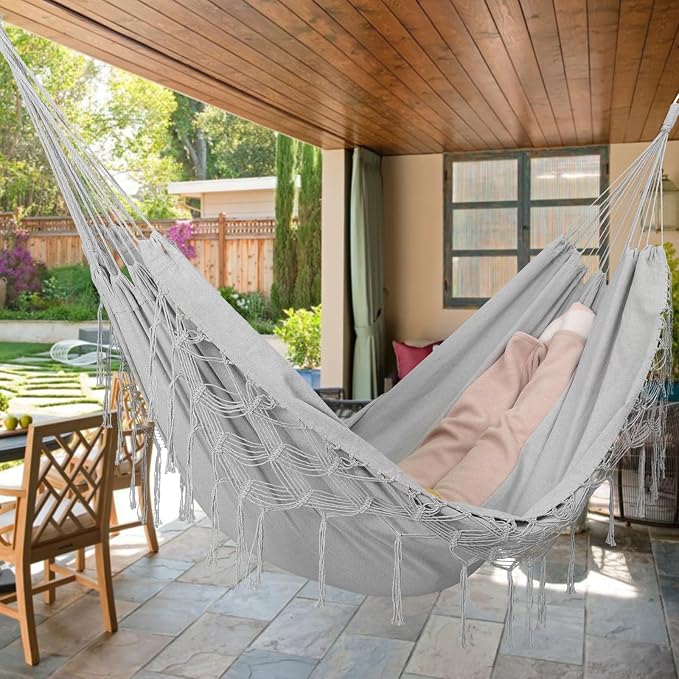 Double Boho Macrame Hammock with Elegant Tassels for Patio, Yard, Beach Wedding Decor, Outdoor and Indoor Up to 450lbs Include Tie Ropes and Drawstring Bag