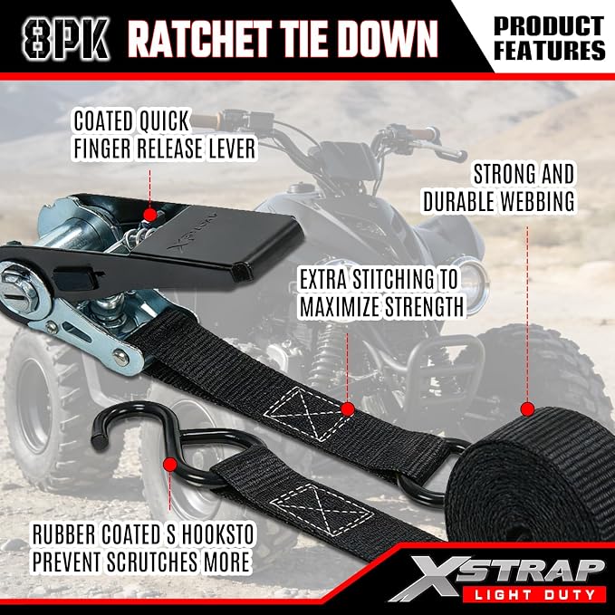 XSTRAP STANDARD 8-Pack Ratchet Tie Down Straps, 1" x 10ft, 900lb Break Strength Heavy Duty Straps for Motorcycles, ATVs, Lawn Equipment, Appliances & Truck Cargo - Black