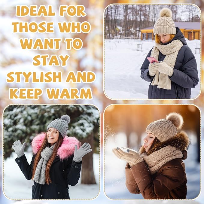 16 Pcs Women Hat Scarf Gloves Ear Muffs Set Winter Knitted Pom Beanie Hats Scarf Touch Screen Gloves for Men Adult Homeless
