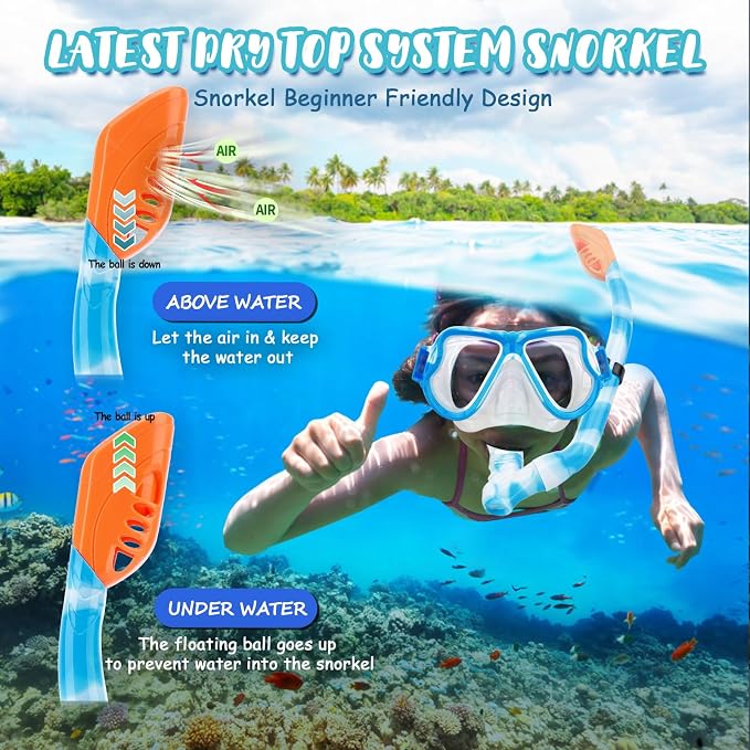 Snorkeling Gear for Kids, 4 in 1 Child Mask Fins Snorkel Set with Panoramic View Anti Fog Mask, Dry Top Snorkel, Trek Fins and Travel Bag, Kids Snorkeling Set with Fins for Snorkeling Swimming