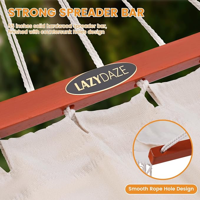 Lazy Daze Hammocks Cotton Fabric Double Hammock with 55" Spreader Bar, Portable Camping Hammock with Carrying Bag & Tree Straps for Patio, Backyard, Balcony, 450lbs Capacity, Beige