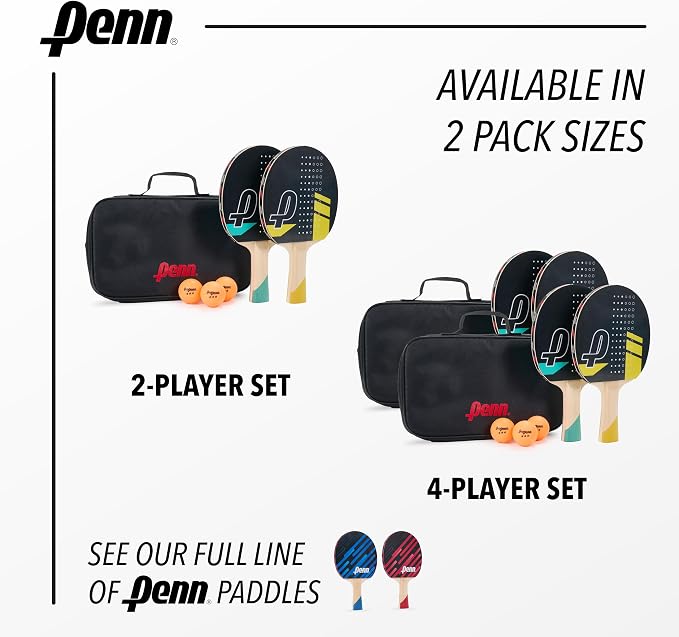 Penn 4-Player Ping Pong Paddle Set - 4 5.0 Paddles, 6 3-Star Balls, 2 Storage Pouches - Pro-Grade Rubber for Spin & Power on Table Tennis Rackets - Ergo Handle for Grip Comfort in Ping Pong Play