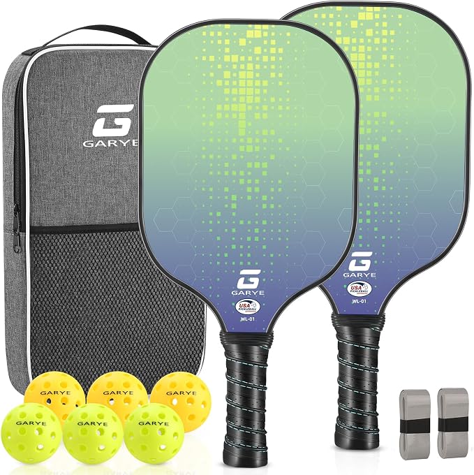 GARYE Pickleball Paddles Set of 2 or 4, USAPA Approved Carbon Fiber Pickleball Set, Lightweight Pickle Ball Rackets 2 Pack with 6 Balls, 1 Bag, Pair of Grip Tapes, Pickle Ball Paddle for Men and Women