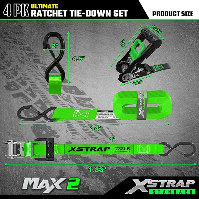 XSTRAP STANDARD 4PK Motorcycle Ratchet Straps, 1" x 15ft, 2,200 lbs Break Strength Tie Down Straps with Safety Lock S-Hooks, Soft Loop Straps and Stickers for Trucks, Cargo, Moving (Green)