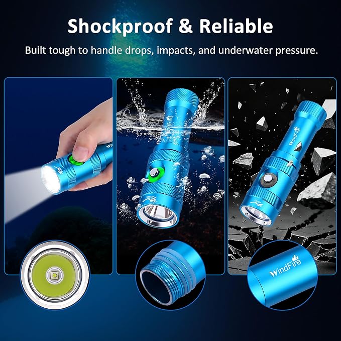 WINDFIRE Scuba Diving Light – Super Bright Diving Flashlight with 3 Modes & Power Indicator, IP68 Waterproof Rechargeable Underwater Torch for Scuba Diving, Snorkeling, and Underwater Exploration