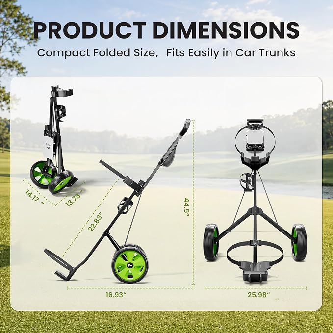 2-Wheel Golf Pull Cart – Lightweight Foldable Golf Push Cart with Durable Steel Frame, Adjustable Web Straps, Compact Design for Walking Golfers