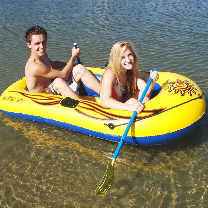 SOLSTICE Inflatable Boat Rafts 2 Person for Adults & Kids Comes W/ Oars Paddles Pump Pole Oar Holders Cushioned Comfortable Base Grab Line 6 Ft Size Sunskiff Kits Dinghy Air Floor Yellow