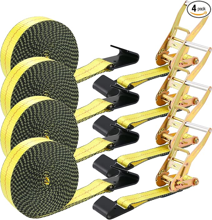 TLGREEN 4 Pack 2 in x 27 FT Flat Hook Ratchet Straps (11,000 lbs Break Strength), Heavy Duty Tie Down Straps for Trucks (Yellow)