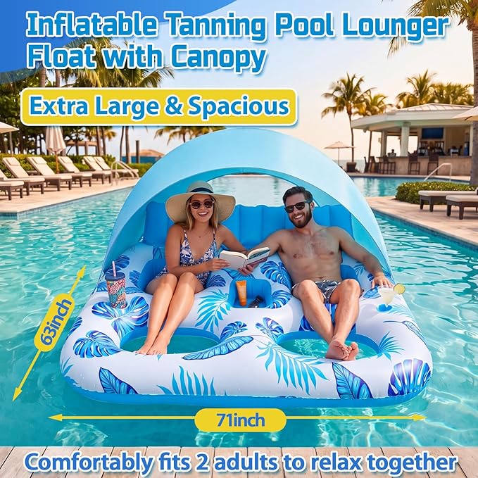 Chumia Pool Floats with Canopy for Adult, UPF50+ 1-2-3 Person Inflatable Floats with Sun Shade Backrest Footrest and Cup Holder Heavy Duty for Pool Lake River Beach Ocean Summer Party Supply