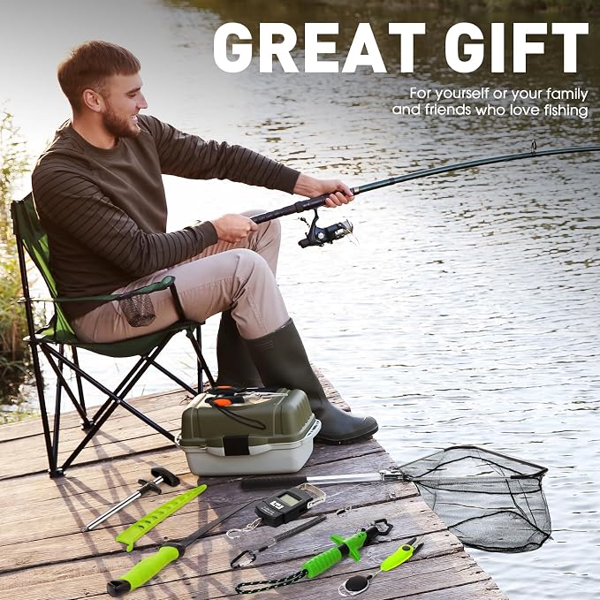 RoundFunny 10 Pcs Fishing Tool Kit, Fishing Pliers with Lanyard and Protective Sheaths, Landing Net, Fillet Knife, Fish Scale, Gripper, Hook Remover, Braid Scissors, Gloves for Men Dad Gift
