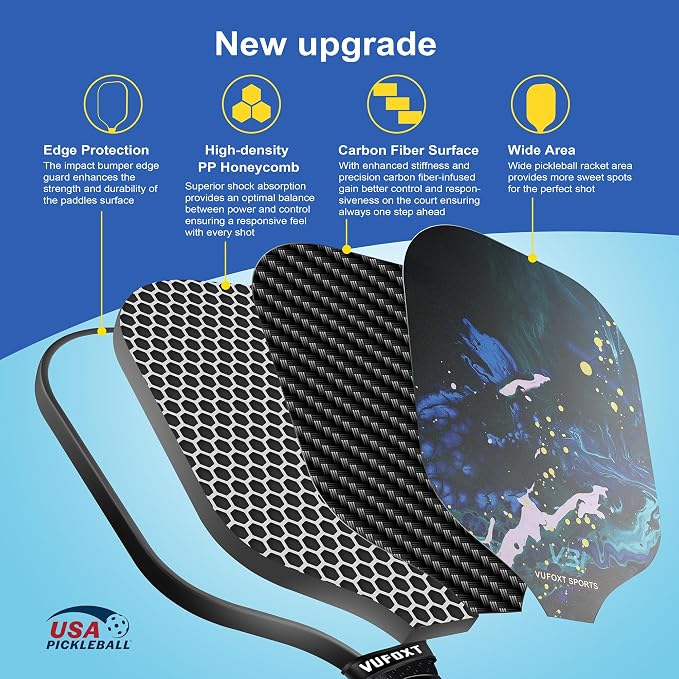 Pickleball Paddles Set of 2/4, USAPA Approved Carbon Fiber Surface Pickle Ball Set - 14mm PP Honeycomb Core of Lightweight Pickleball Rackets -Suitable for Beginners' Training and Game（Blue）