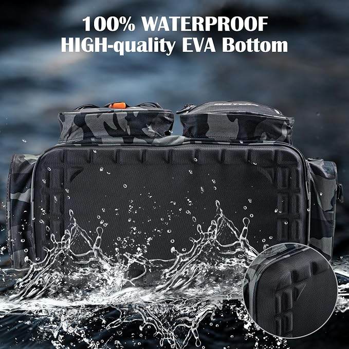 Goture Large Tackle Bag,Store Up to 8PCS 3700 Plus 4PCS 3600 Tackle Trays(Not Included),Water Resistant Saltwater Gear Storage Big Fishing Bag with EVA Bottom,Gifts for Men(21.65"x11.8"x15.16")-Camo