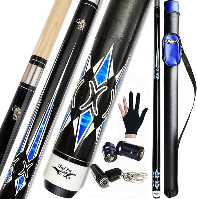 Tai ba cues 2-Piece Pool cue Stick + Hard Case, 13mm Tip, 58", Hardwood Canadian Maple Professional Billiard Pool Cue Stick 18,19,20,21,22 Oz Pool Stick (Selectable)-Blue, Black, Red, Gray, Green