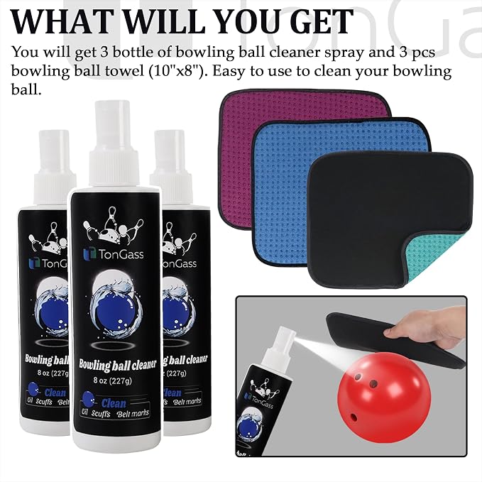 TonGass (3+3 Pack Bowling Ball Cleaner Spray Kit with Bowling Towel (Multicolor), Portable Bowlings Cleaner Set Accessories, Oil Scuff Mark Cleaners, Restores Tack and Prolongs Lifespan of Balls