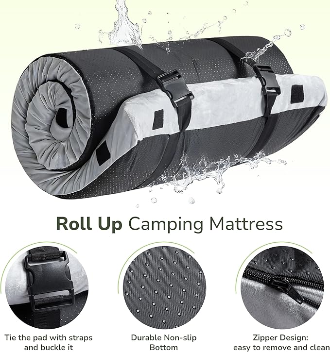 Memory Foam Camping Mattress 2.5 inch, Kids Portable Roll Up Camping Sleep Topper with Waterproof and Non-Slip Bottom, Camping Car Mat with Travel Bag, 63"×26"×2.5", Grey
