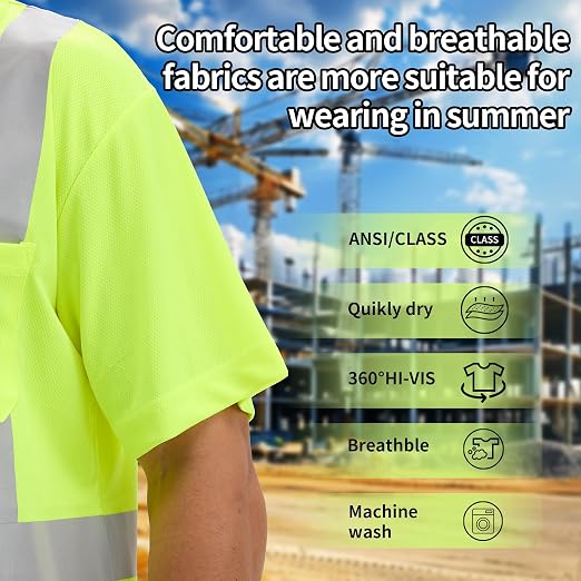 Hi Vis T Shirt Class 3 High Visibility Shirts for Men Safety Shirts with Reflective Strips and Pocket Breathable Construction Work Mesh Short Sleeve Lime