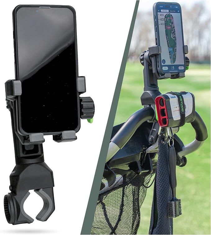 Method Golf PushStack Pro Pack- Magnetic Phone Holder for Golf Push Cart Plus Rangefinder Magnetic Strap, MagStack Microfiber Towel and Club Brush with MagStack Tile- Universal Fit for Most Phones