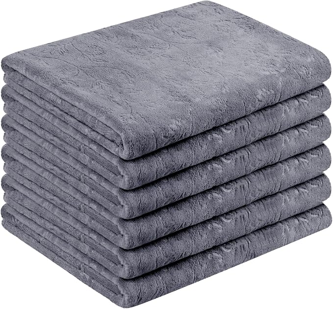 JML Large Microfiber Bath Towels Set of 6, 30" x 60", Soft,Super Absorption, Quick-Drying Perfect for Shower, Sauna, Yoga, Gym, Beach, Pool, Sport - Grey Floral Pattern