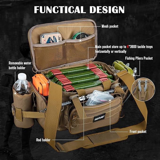 Goture Fishing Tackle Bag with 4 Tackle Boxes, Soft Side 600D Water-Resistant Cross Body Sling Fishing Bag with Rod Holder, Small Saltwater Gear Storage Tactical Bags, Gifts for Men/Women